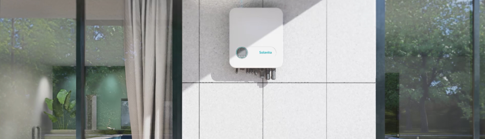 Solavita hybrid inverter mounted on an exterior wall, designed as part of an energy storage system solution for residential applications. The sleek, compact unit features a minimalistic white casing with a discreet interface panel, emphasizing modern design and functionality suitable for seamless integration in home energy systems.