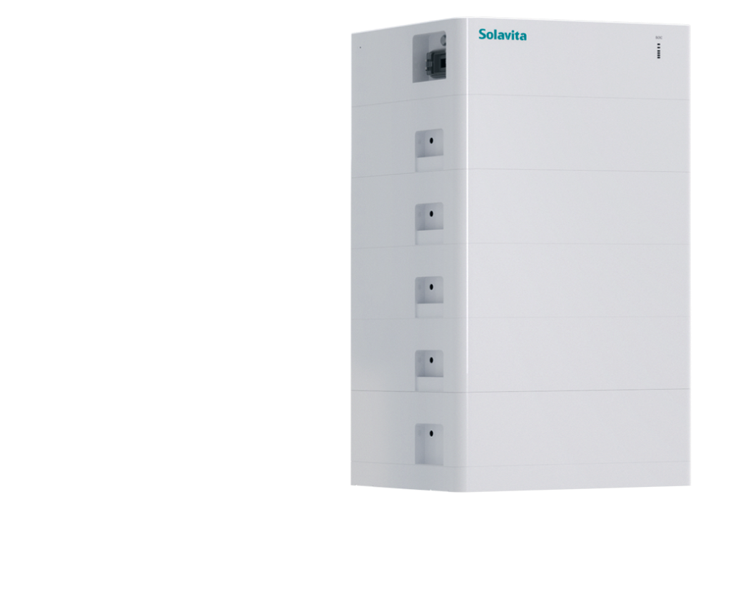 Solavita low battery pack for residential energy storage, featuring a sleek, modular design with a compact form factor. Ideal for integrating into home energy systems.