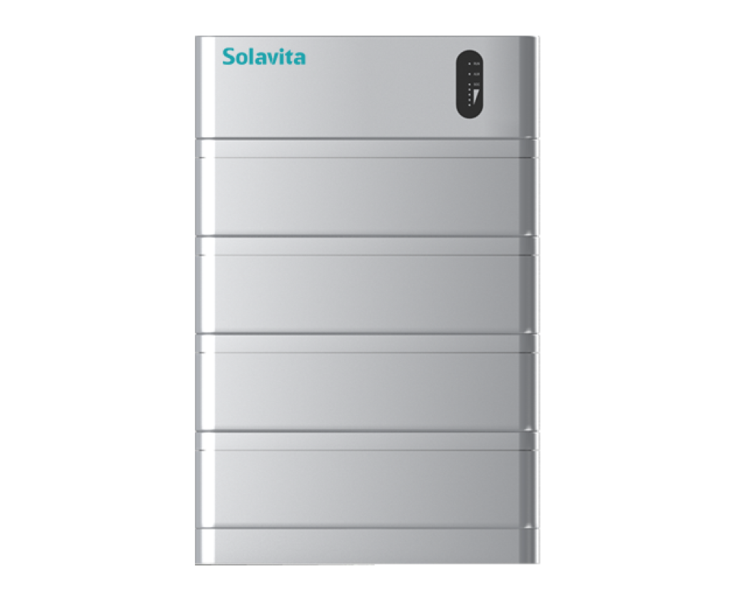 Front view of Solavita battery pack, featuring a minimalist white rectangular body with smooth edges and a circular black display panel, providing a modern and compact design suitable for residential use.