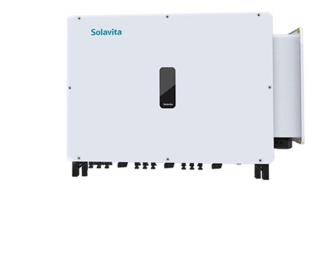 Front view of the Solavita on-grid inverter, showcasing its sleek, compact design with multiple connection ports at the bottom, ideal for three-phase solar energy systems in residential and commercial applications