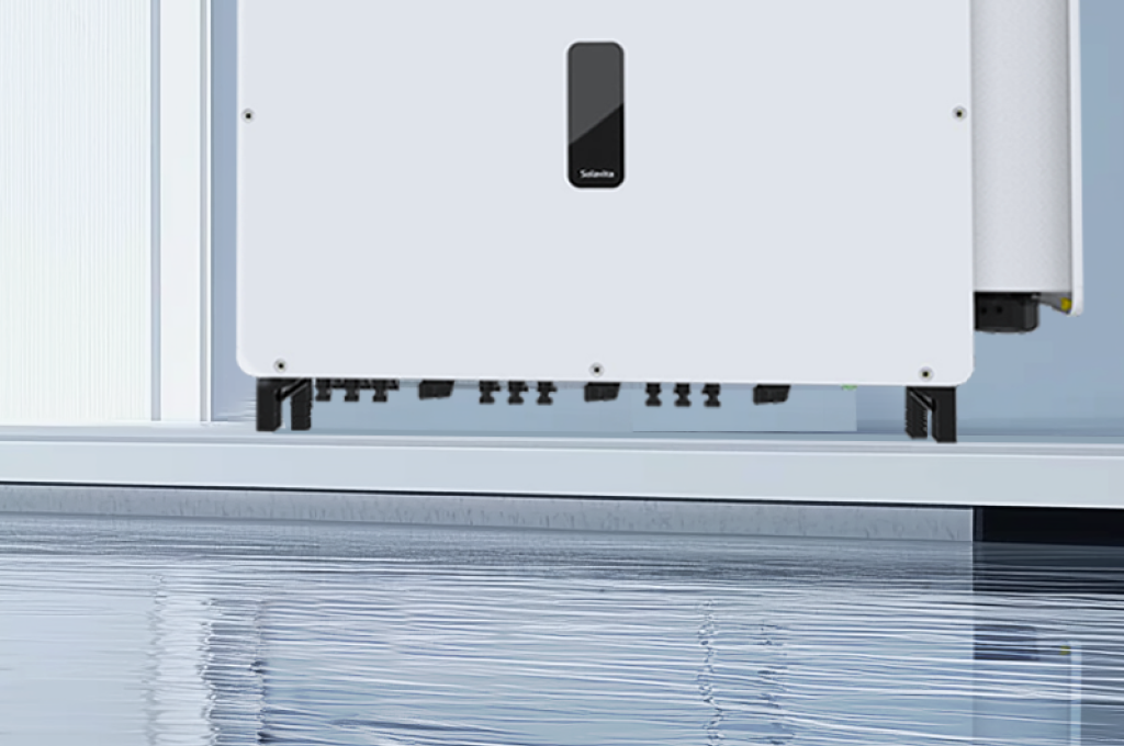 Close-up of the bottom view of a Solavita on-grid 125kw inverter, displaying its multiple connection ports suitable for efficient energy integration in solar systems