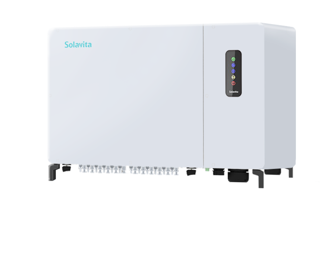 Front view of the Solavita on-grid inverter, showcasing its sleek, compact design with multiple connection ports at the bottom, ideal for three-phase solar energy systems in residential and commercial applications