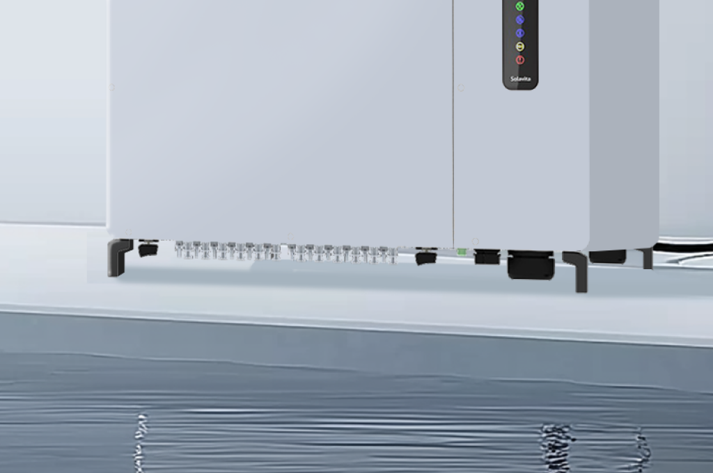 Close-up of the bottom view of a Solavita on-grid 125kw inverter, displaying its multiple connection ports suitable for efficient energy integration in solar systems