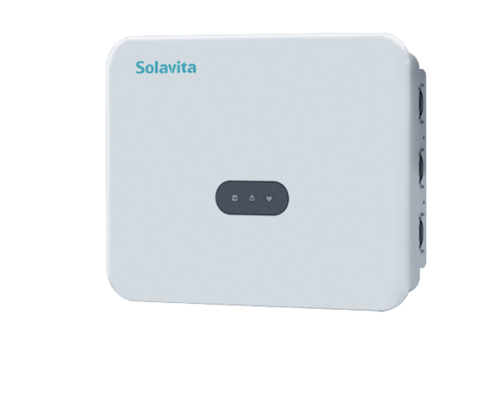 Solavita three-phase on-grid inverter with a sleek white design and side cooling fins, ideal for high-capacity applications as a 40-60kW three phase inverter in solar energy systems