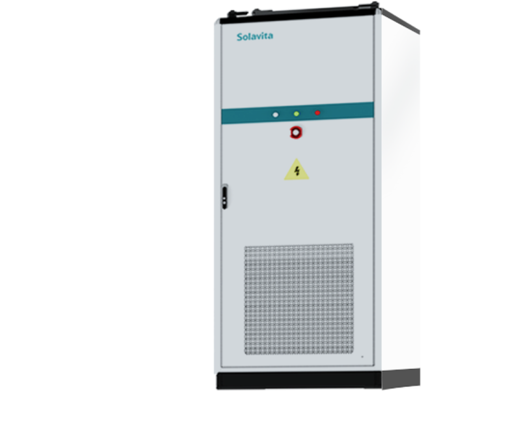 Solavita SWS-P100E215-HC liquid-cooling energy storage cabinet for commercial and industrial applications. Featuring a durable, white body with a turquoise stripe across the top, LED indicator lights, and an emergency stop button for enhanced safety. A high-voltage warning label is displayed prominently on the front, and a perforated ventilation panel at the bottom ensures efficient liquid cooling. The cabinet is designed for high performance and reliability in C&I energy storage environments.