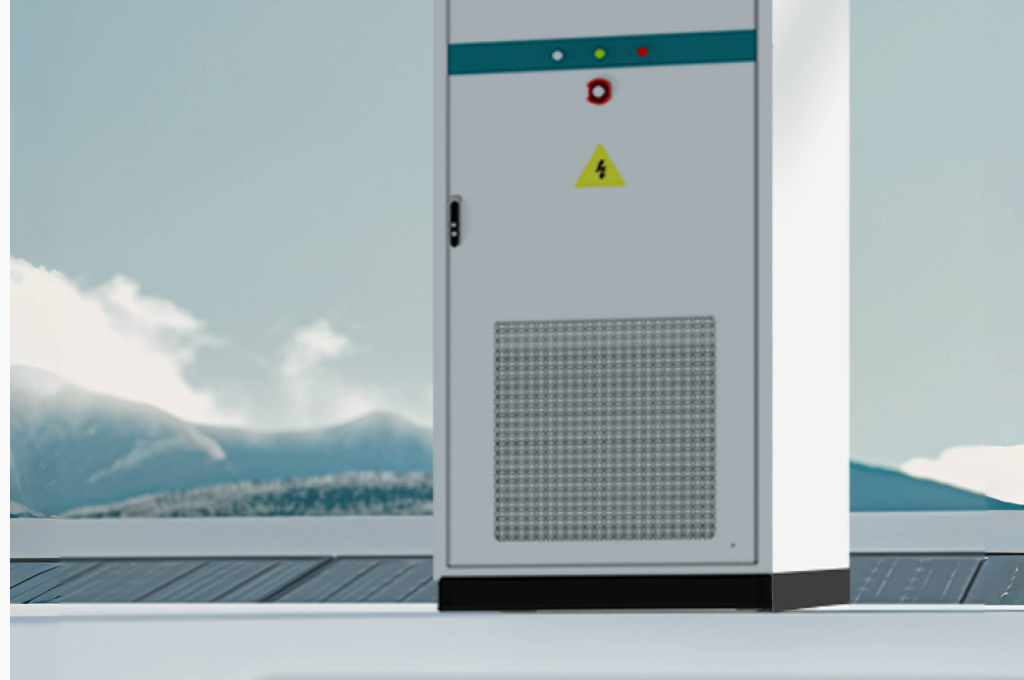 Solavita SWS-P100E215-HC liquid-cooling energy storage cabinet for commercial and industrial applications. Featuring a durable, white body with a turquoise stripe across the top, LED indicator lights, and an emergency stop button for enhanced safety. A high-voltage warning label is displayed prominently on the front, and a perforated ventilation panel at the bottom ensures efficient liquid cooling. Positioned on a rooftop platform, the cabinet overlooks a scenic backdrop of mountains under a clear sky, highlighting its suitability for outdoor industrial environments