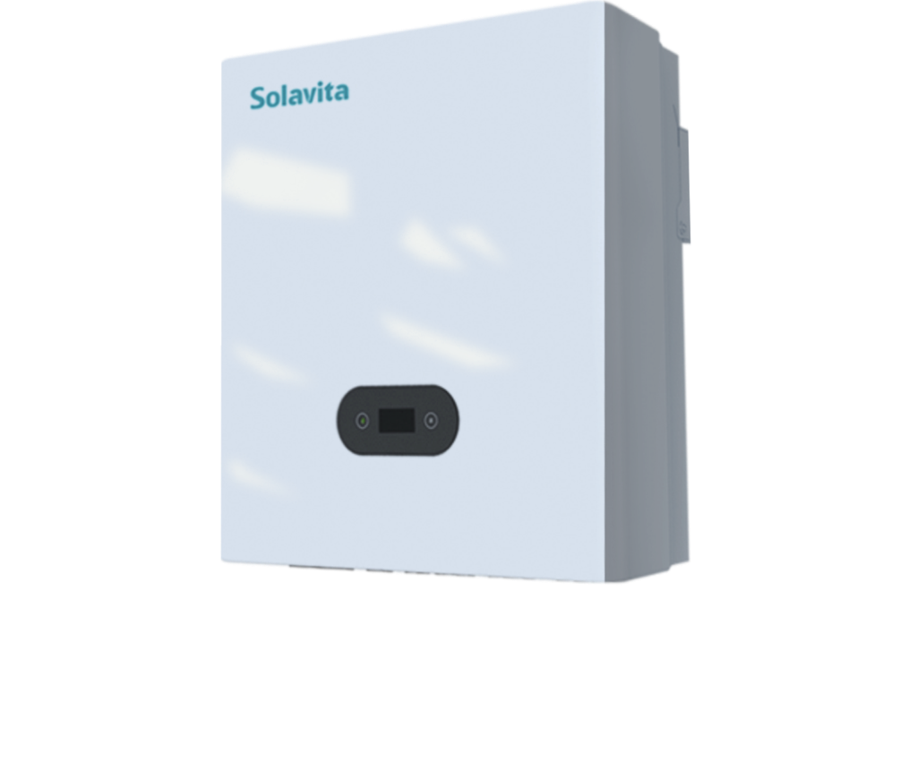 A white Solavita residential on-grid inverter (4-6kW) with multiple black connectors at the bottom and a small display panel on the front. The Solavita logo appears in blue in the upper left corner, highlighting its streamlined design and efficient functionality.