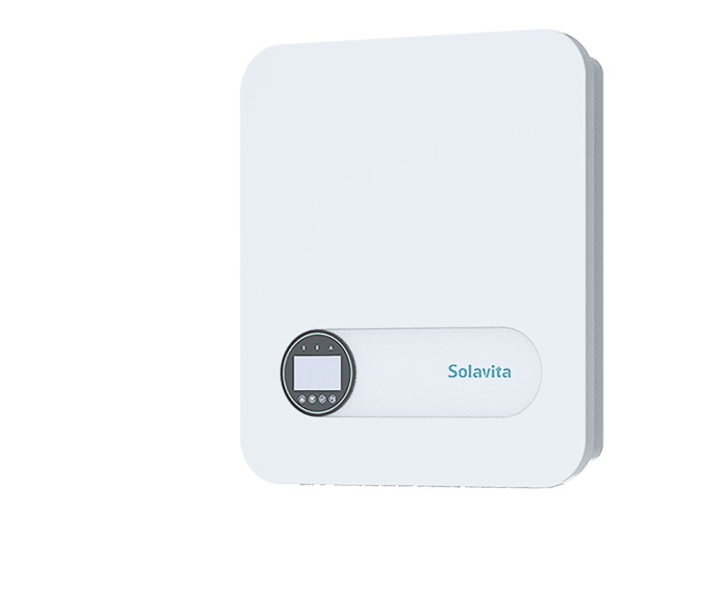 Front view of Solavita three-phase 5-15kW hybrid inverter, featuring a minimalist white rectangular body with smooth edges and a circular black display panel, providing a modern and compact design suitable for residential use