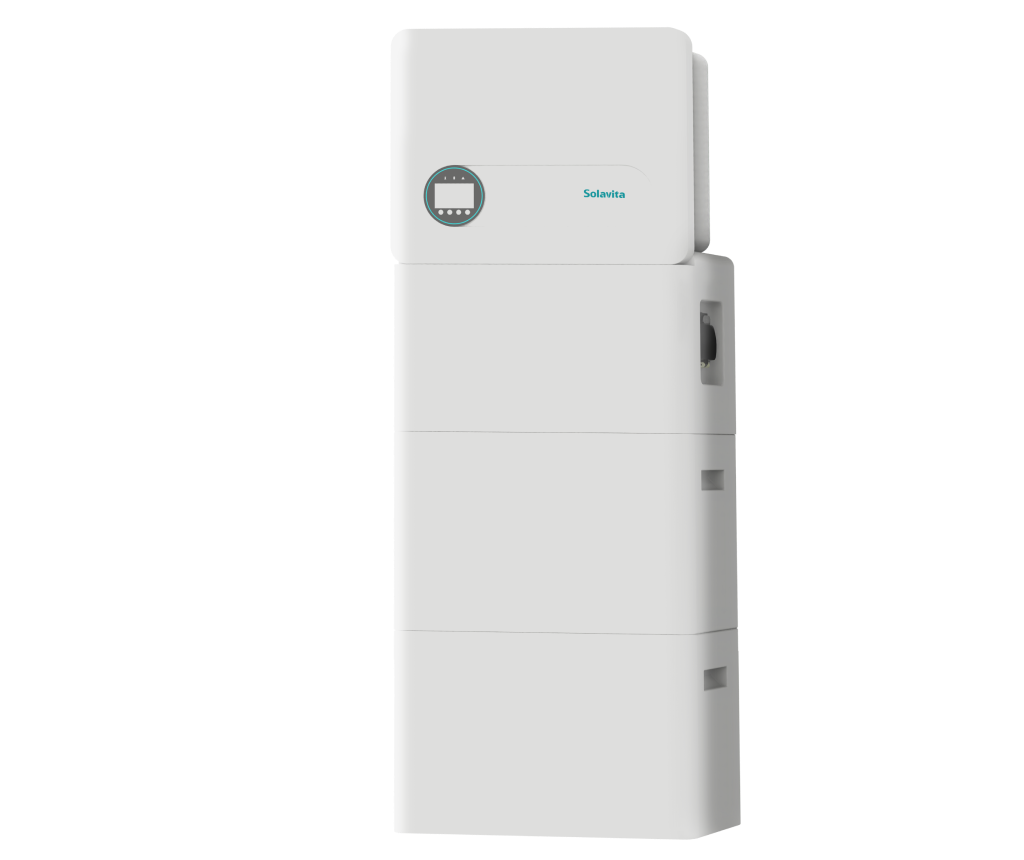 Solavita SWES3-6H-S1 all-in-one residential battery system featuring a compact, sleek vertical design with integrated LCD display and Solavita branding, optimized for home energy storage needs