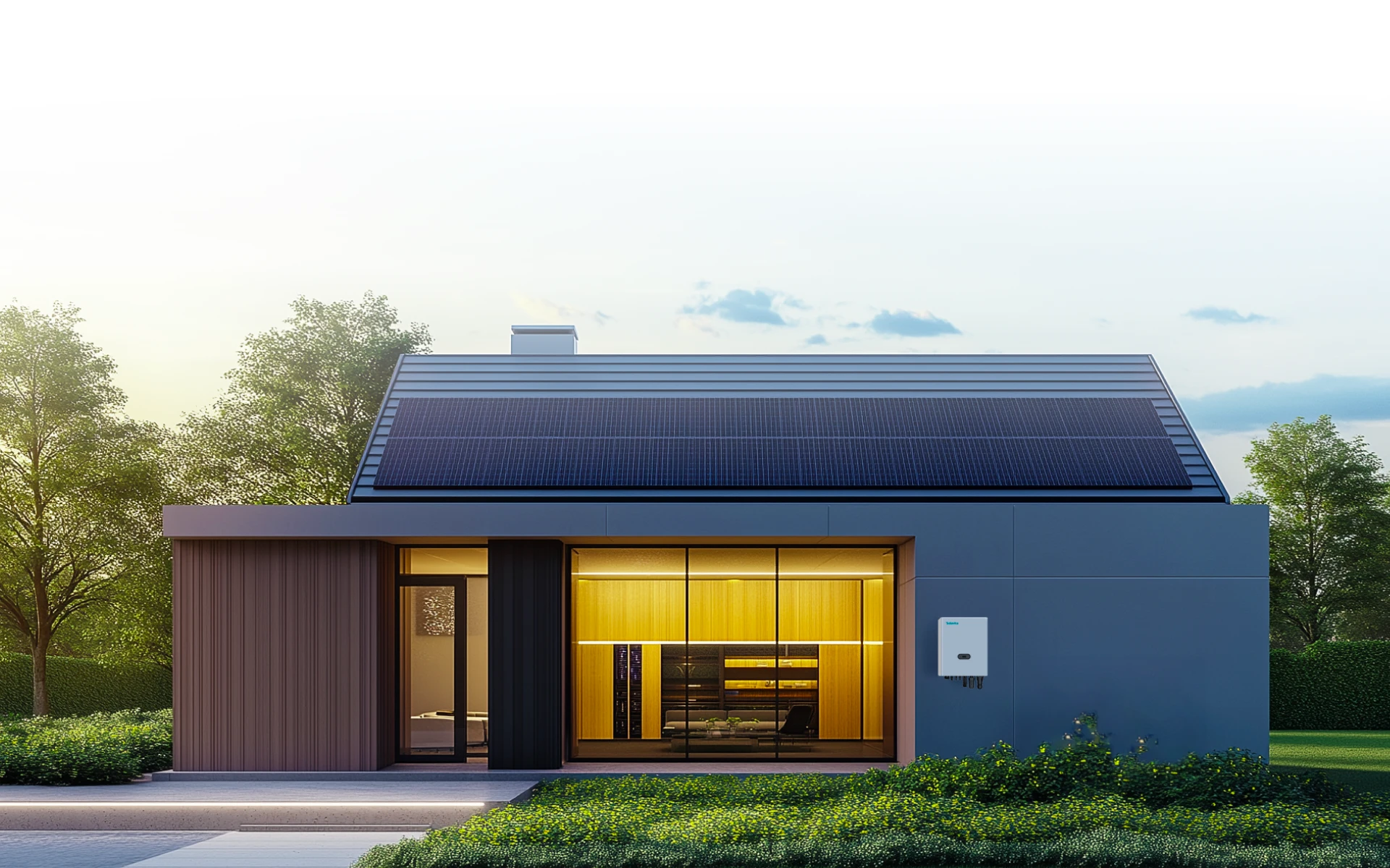 A modern single-story house with a dark roof and large windows illuminated from the inside, surrounded by greenery and trees beneath a clear sky, showcasing streamlined efficiency similar to a Solavita inverter's design. This minimalist aesthetic aligns with the performance and style of the Solavita on-grid inverter.