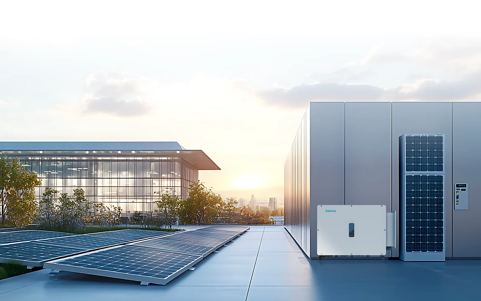 A rooftop with solar panels, a white Solavita SW 110kw on-grid inverter and a modern building in the background. The sun is setting. The sky is partly cloudy, and the city skyline is visible in the distance.