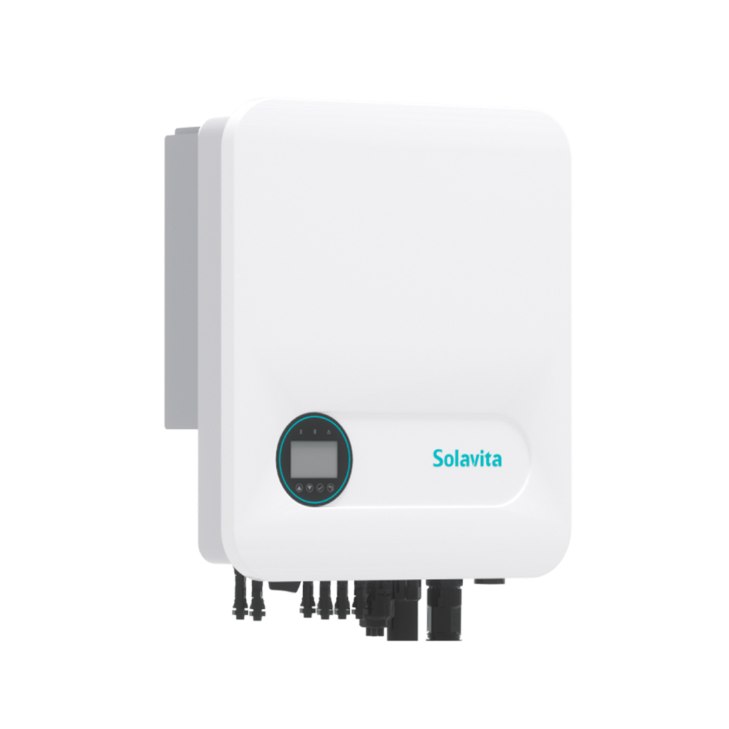 Front view of Solavita three-phase 5-15kW hybrid inverter, featuring a minimalist white rectangular body with smooth edges and a circular black display panel, providing a modern and compact design suitable for residential use