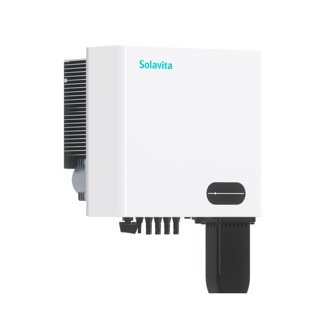 A white Solavita on-grid three phase 15-25kW inverter with multiple black connectors at the bottom and a small display panel on the front. The Solavita logo appears in blue in the upper left corner, highlighting its streamlined design and efficient functionality.