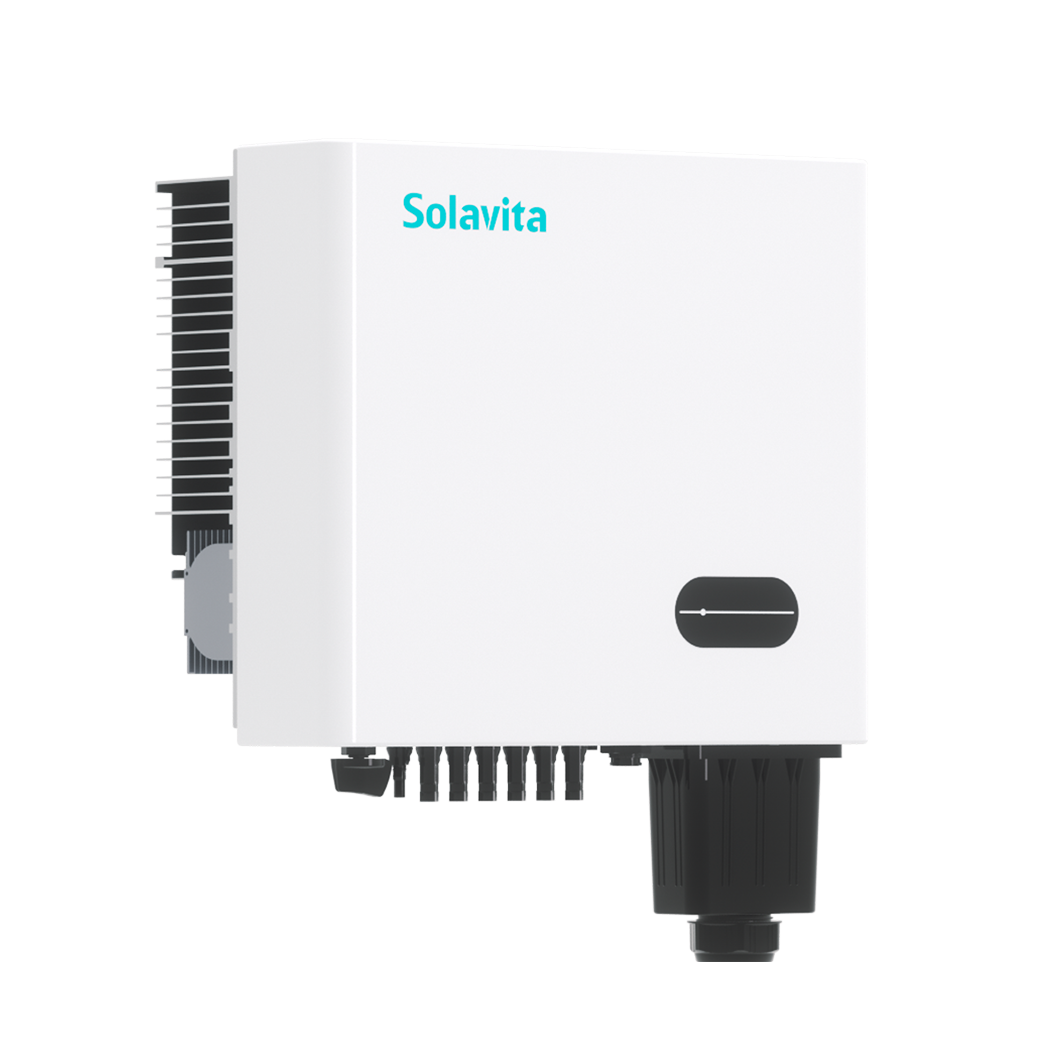 A white Solavita on-grid three phase 30-33kW inverter with multiple black connectors at the bottom and a small display panel on the front. The Solavita logo appears in blue in the upper left corner, highlighting its streamlined design and efficient functionality.