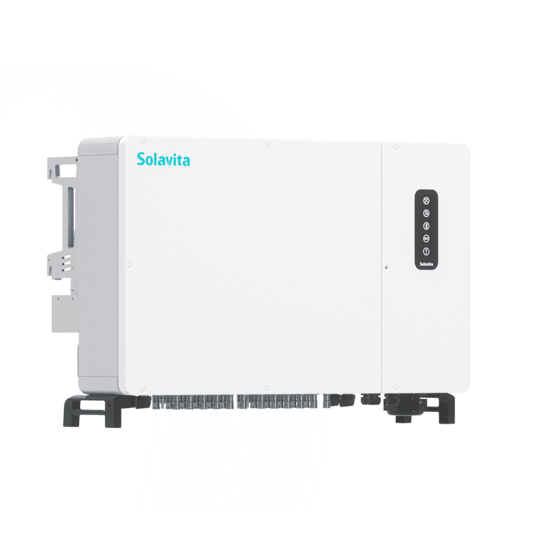 A white Solavita on-grid three phase 225kW inverter with multiple black connectors at the bottom and a small display panel on the front. The Solavita logo appears in blue in the upper left corner, highlighting its streamlined design and efficient functionality.