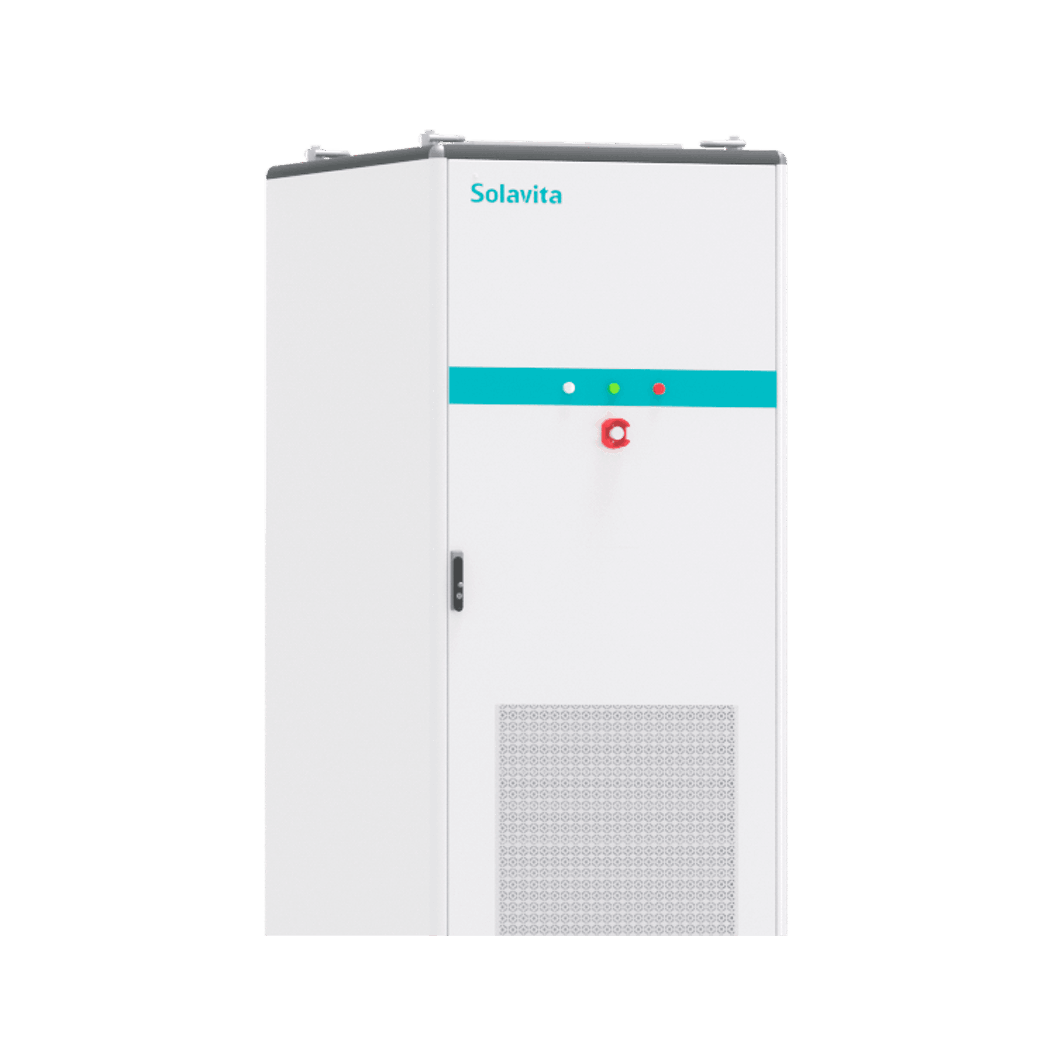 Solavita SWS-P100E215-HC liquid-cooling energy storage cabinet designed for commercial and industrial applications. The cabinet has a sleek white exterior with a distinctive blue horizontal stripe, LED status indicators, and an emergency stop button for safety. A high-voltage warning sign is displayed on the front panel along with a perforated ventilation grid, supporting efficient liquid cooling for enhanced system reliability and performance in demanding energy storage environments