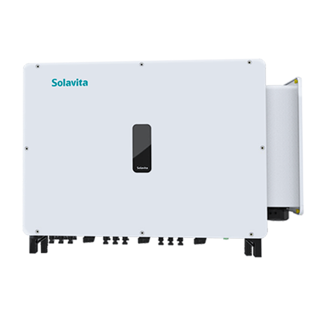 A white Solavita on-grid three phase 125kW inverter with multiple black connectors at the bottom and a small display panel on the front. The Solavita logo appears in blue in the upper left corner, highlighting its streamlined design and efficient functionality.