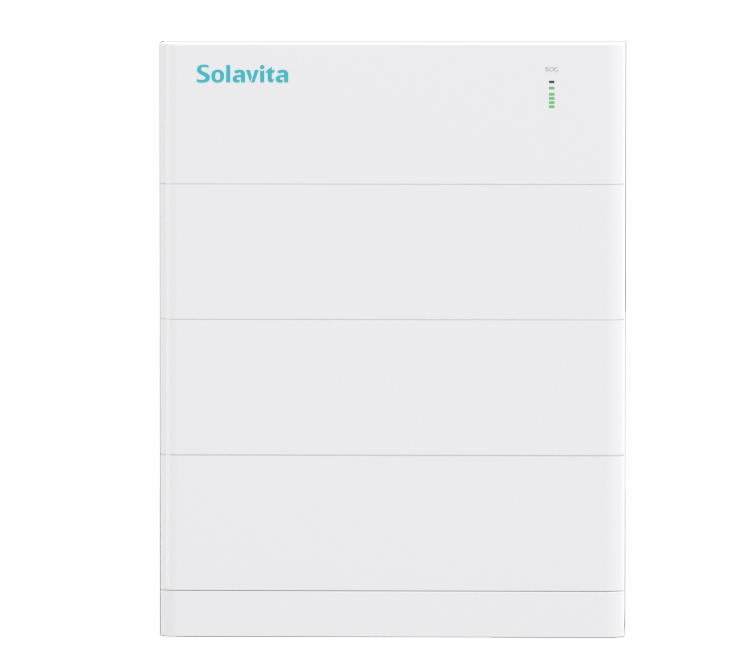 Solavita 5.12kWh low voltage battery pack designed for residential energy storage systems, featuring a sleek, modular design ideal for home energy storage applications. The pack includes an SOC (State of Charge) indicator on the top right, ensuring users can easily monitor energy levels