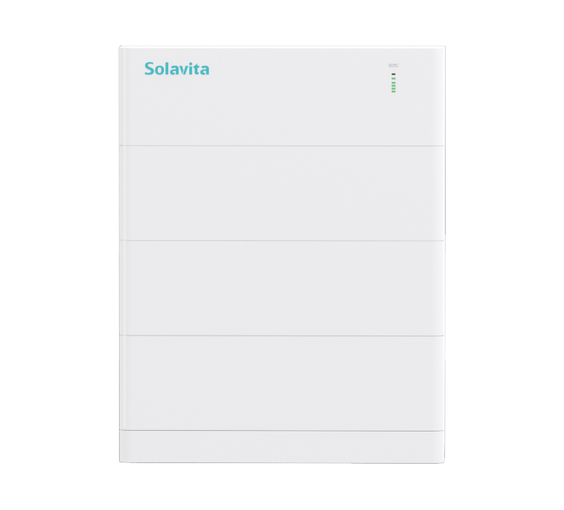 Solavita 5.12kWh high voltage battery pack designed for residential energy storage systems, featuring a sleek, modular design ideal for home energy storage applications. The pack includes an SOC (State of Charge) indicator on the top right, ensuring users can easily monitor energy levels