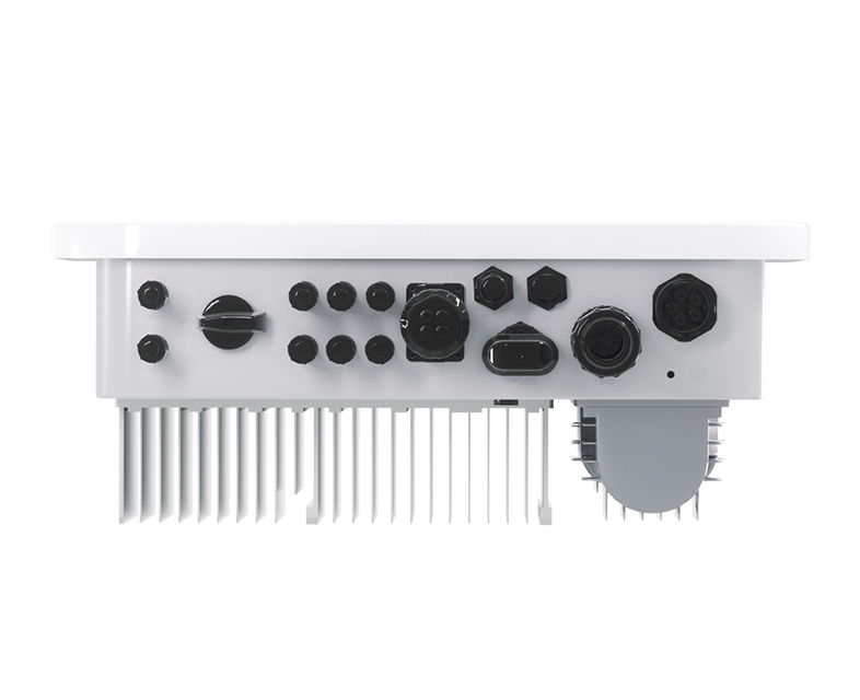 Solavita three-phase 5-15kW hybrid inverter with a sleek white panel design, rounded edges, and a central LCD display bordered in black. Multiple ports and connectors are positioned at the bottom, enhancing connectivity for efficient home solar energy storage integration