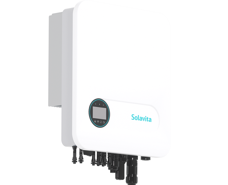 Solavita single-phase hybrid inverter back panel showing multiple DC and AC connectors, optimized for home solar energy storage systems with versatile connectivity options."  This description captures the key details of the image, highlighting the connectivity features and intended application of the inverter in home solar energy storage setups