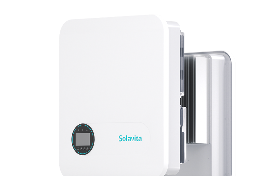 Side view of the Solavita three-phase 5-15kW hybrid inverter, showcasing its modern, sleek design with a minimalist white casing. The front panel features a digital display screen encircled by control buttons for monitoring and configuration. The Solavita logo is prominently displayed in turquoise on the front surface, adding brand visibility. Below the unit are several input and output connectors, designed for seamless integration with solar panels and battery systems. The rear side of the inverter displays a structured heat sink, ensuring efficient thermal management, which is essential for prolonged operation in residential energy storage applications.