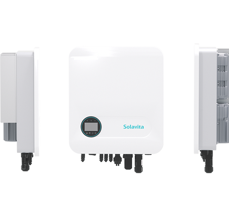 The front and side view of the Solavita three-phase 5-15kW hybrid inverter showcases its sleek design with a compact white exterior, central control display, and multiple connection ports at the bottom. This hybrid inverter is ideal for residential applications, combining efficiency and modern aesthetics for home solar energy storage systems