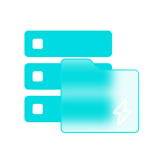 The image shows an icon featuring three horizontally stacked bars, resembling server racks, positioned on the left side. Overlapping these bars, there’s a semi-transparent folder icon on the right, which has a lightning bolt symbol in the center, indicating energy or power-related functionality. The color scheme is a soft blue, giving it a modern and clean appearance, suitable for representing data management or storage in energy systems, possibly related to Solavita's energy storage solutions for organized energy data or power monitoring