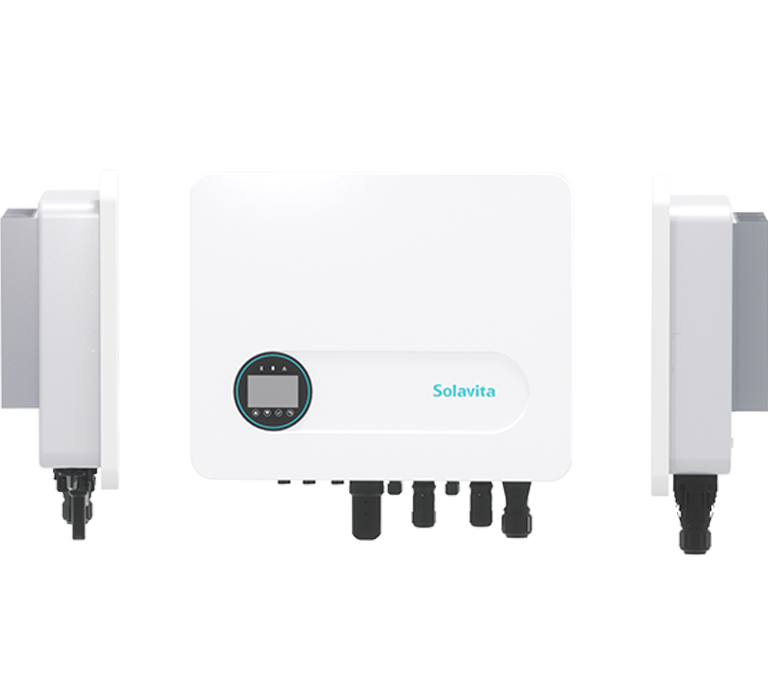 The front and side view of the Solavita single-phase 3-6kW hybrid inverter showcases its sleek design with a compact white exterior, central control display, and multiple connection ports at the bottom. This hybrid inverter is ideal for residential applications, combining efficiency and modern aesthetics for home solar energy storage systems