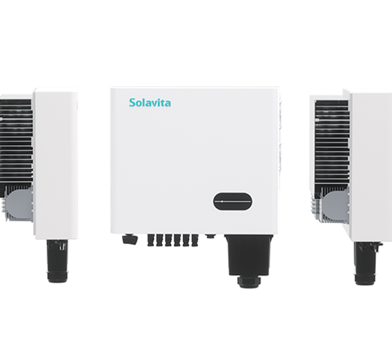 The Solavita PV 30-33kw inverters wall-mounted with the Solavita logo on the central unit. Each inverter features various connectors and a small black panel on the front, providing efficient energy management for modern energy solutions.