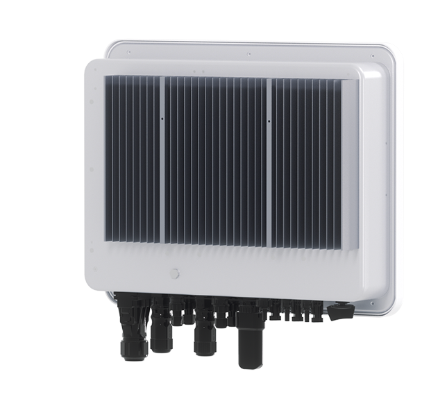 Back view of the Solavita single-phase hybrid inverter, displaying its robust cooling fins and various connection ports, optimized for home solar energy storage integration. Compatible with a 5.12kW battery pack, this hybrid inverter is designed to support efficient energy management in residential settings.