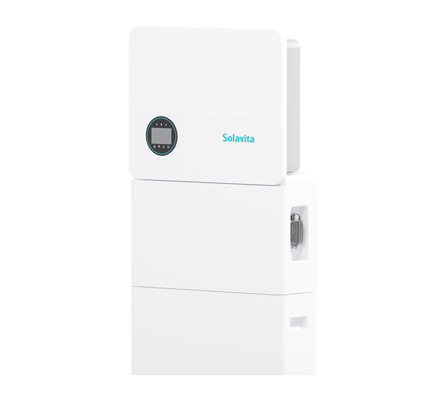 Solavita SWES3-6H-S1 all-in-one residential battery system featuring an upper PCS (Power Conversion System) unit with an LED display for system status and controls, stacked above the modular battery pack. The compact design integrates power management and energy storage, making it ideal for residential energy needs.