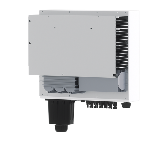 Side view of a Solavita on-grid inverter, showcasing its advanced cooling fins and multiple connection ports, designed for efficient energy management in solar power systems