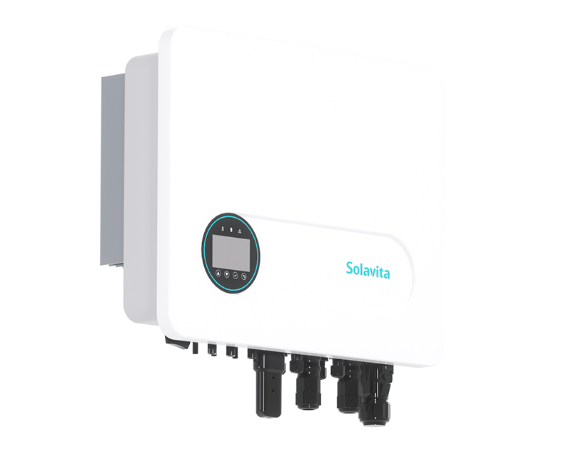 Solavita single-phase 3-6kW hybrid inverter with a sleek white panel design, rounded edges, and a central LCD display bordered in black. Multiple ports and connectors are positioned at the bottom, enhancing connectivity for efficient home solar energy storage integration