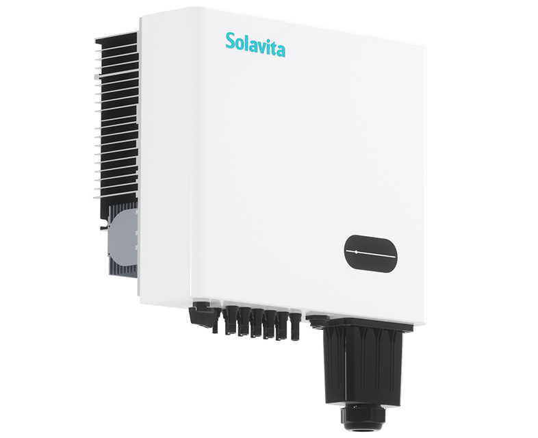 Solavita on-grid inverter with a sleek design, featuring advanced cooling fins and multiple connection ports for efficient energy management. Ideal for use in three phase on-grid solar systems with high power requirements