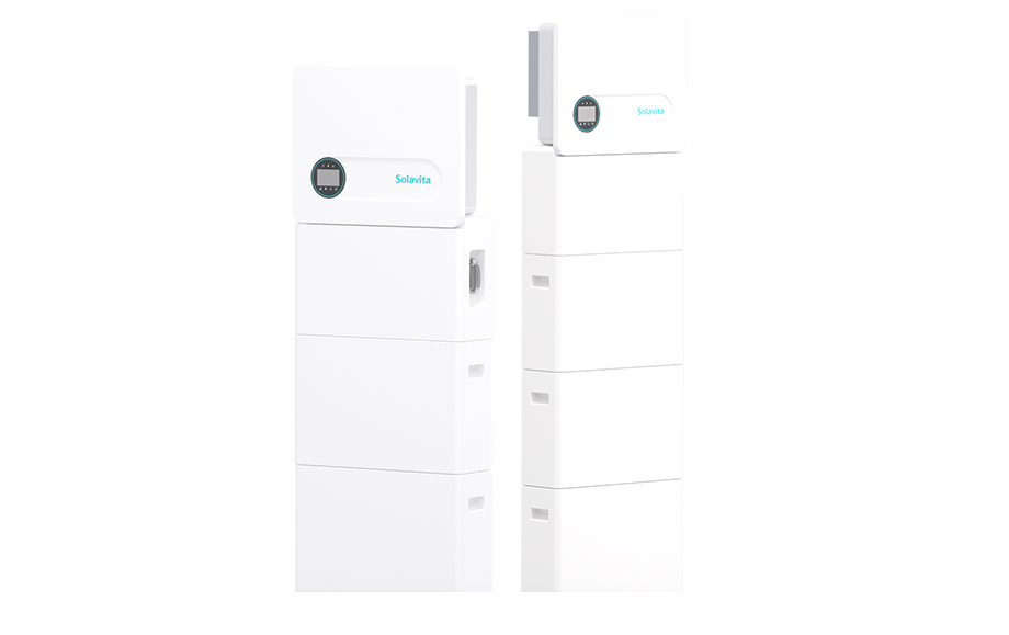 Front and side views of the SWES 3-6kW single-phase all-in-one residential storage system, showcasing the compact design with an integrated PCS module on top, LED display, and stackable battery packs for efficient home energy storage