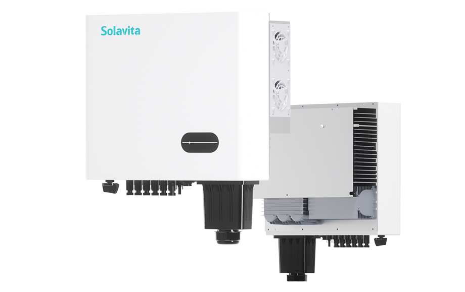 The white Solavita inverter features a compact design on both the front and back, with a front display panel and multiple connectors on the bottom, designed for efficient energy management and compatible with the Solavita Cloud for remote monitoring