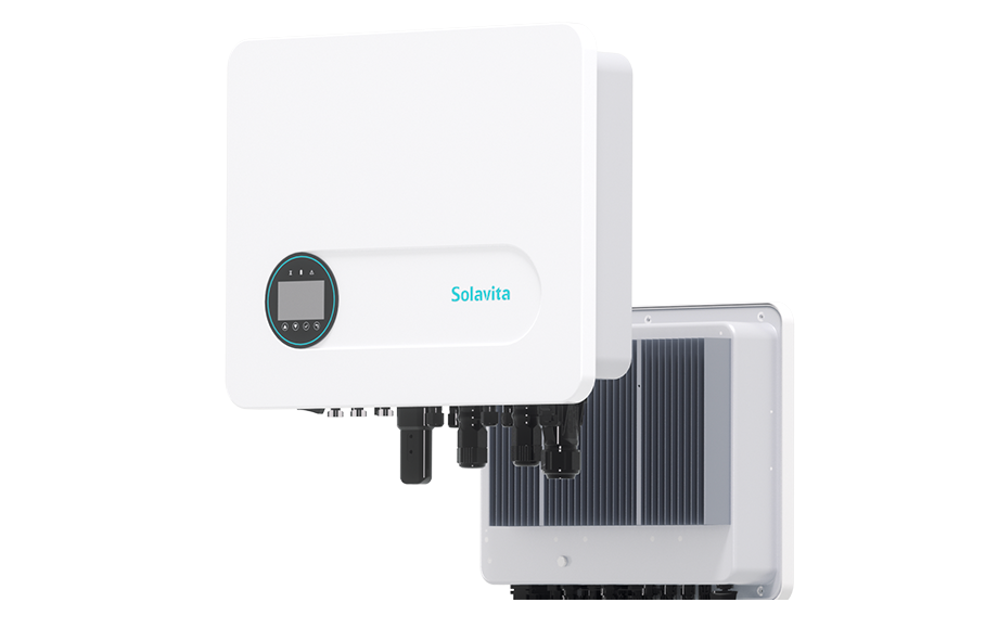 Side view of the Solavita single-phase 3-6kW hybrid inverter, showcasing its modern, sleek design with a minimalist white casing. The front panel features a digital display screen encircled by control buttons for monitoring and configuration. The Solavita logo is prominently displayed in turquoise on the front surface, adding brand visibility. Below the unit are several input and output connectors, designed for seamless integration with solar panels and battery systems. The rear side of the inverter displays a structured heat sink, ensuring efficient thermal management, which is essential for prolonged operation in residential energy storage applications.