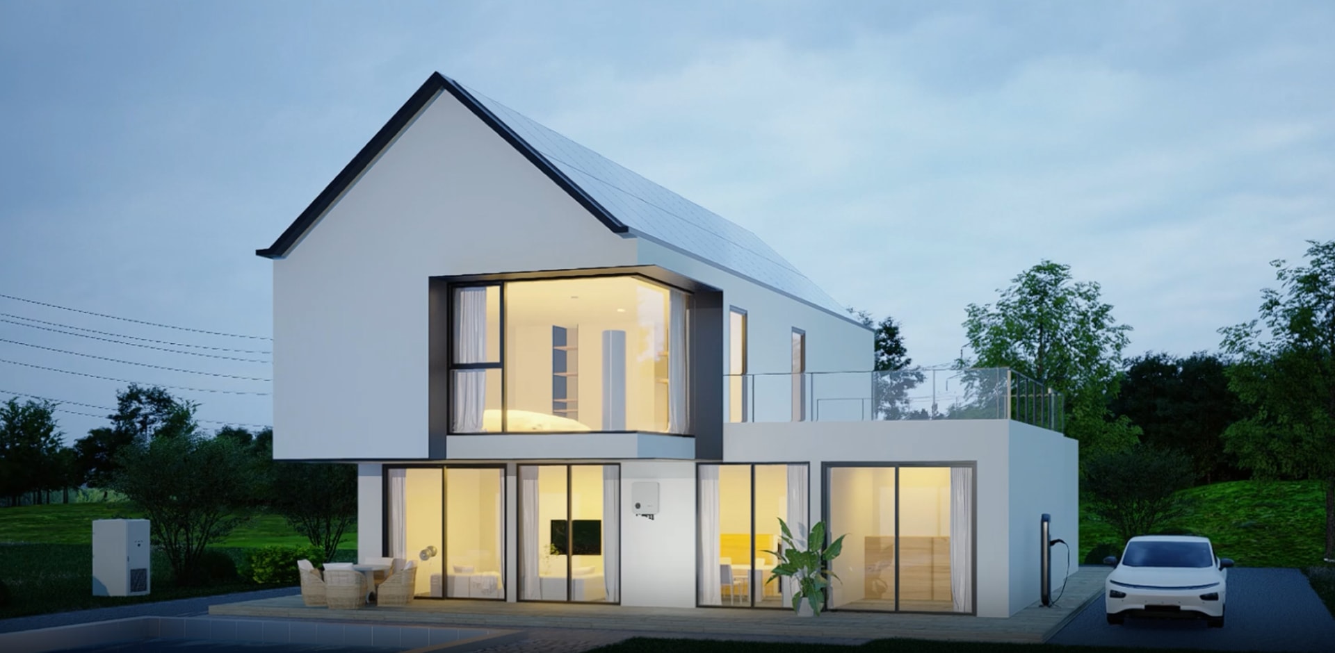 Modern two-story house with large windows and a minimalist design, enhanced by an eco-friendly solavita on-grid inverter. The exterior is white with dark gray accents, surrounded by lush greenery.