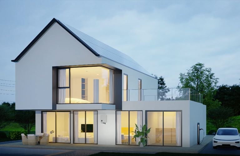 Modern two-story house with large windows and a minimalist design, enhanced by an eco-friendly solavita on-grid inverter. The exterior is white with dark gray accents, surrounded by lush greenery.