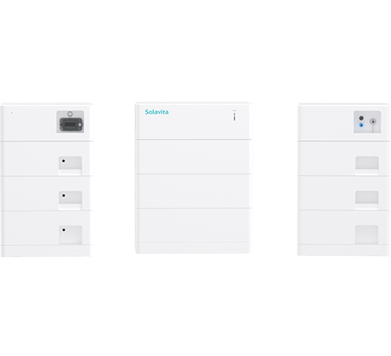 Front view of a modular Solavita high-voltage battery system, displaying three stacked 5.12kWh battery packs for home energy storage. Ideal for residential energy storage systems, these sleek white units provide scalable and reliable power solutions for sustainable household energy management