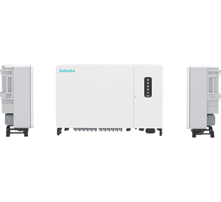 The Solavita three-phase PV inverters（225kw ） wall-mounted with the Solavita logo on the central unit. Each inverter features various connectors and a small black panel on the front, providing efficient energy management for modern energy solutions.