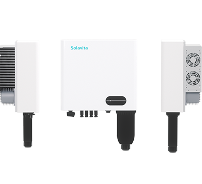 The Solavita PV 15-25kw inverters wall-mounted with the Solavita logo on the central unit. Each inverter features various connectors and a small black panel on the front, providing efficient energy management for modern energy solutions.