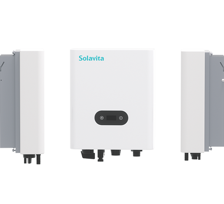 The white solavita PV inverters (1-3kW) wall-mounted with the Solavita logo on the central unit. Each inverter features various connectors and a small black panel on the front, providing efficient energy management for modern energy solutions.