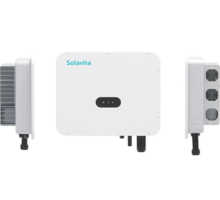 The Solavita PV inverters（40-60kw ） wall-mounted with the Solavita logo on the central unit. Each inverter features various connectors and a small black panel on the front, providing efficient energy management for modern energy solutions.