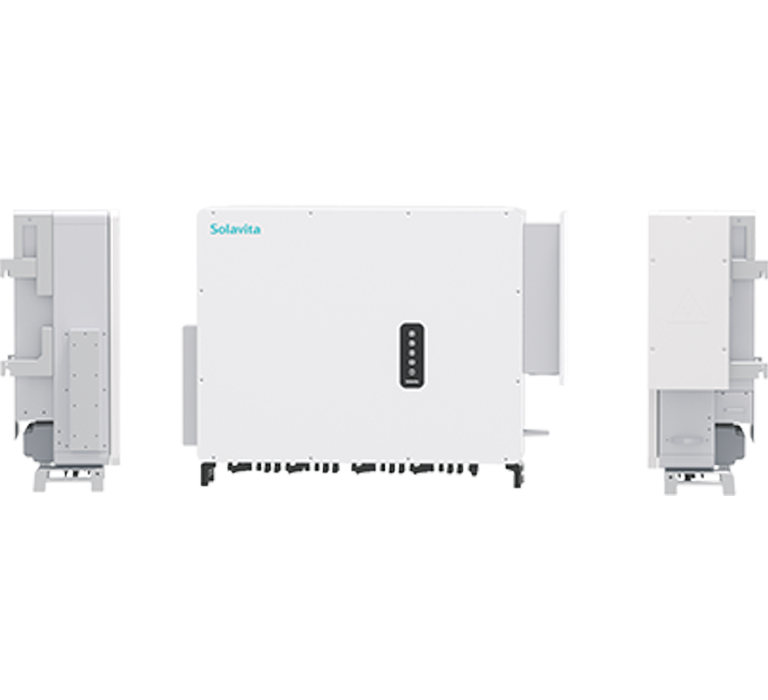 The Solavita three-phase PV inverters（320kw ） wall-mounted with the Solavita logo on the central unit. Each inverter features various connectors and a small black panel on the front, providing efficient energy management for modern energy solutions.