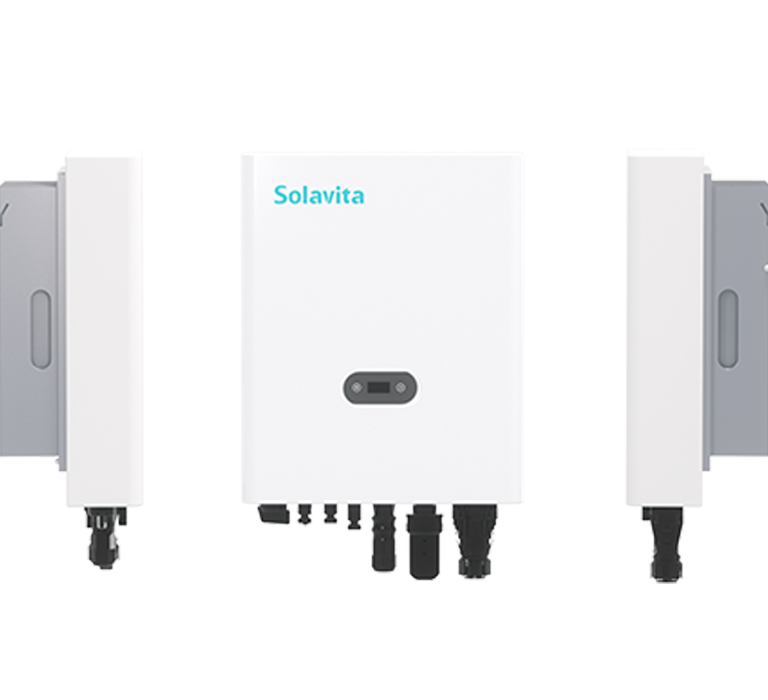 The Solavita PV 7-10kw inverters wall-mounted with the Solavita logo on the central unit. Each inverter features various connectors and a small black panel on the front, providing efficient energy management for modern energy solutions.