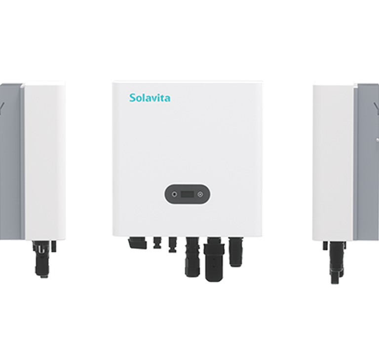 The Solavita PV inverters (4-6kW) wall-mounted with the Solavita logo on the central unit. Each inverter features various connectors and a small black panel on the front, providing efficient energy management for modern energy solutions.