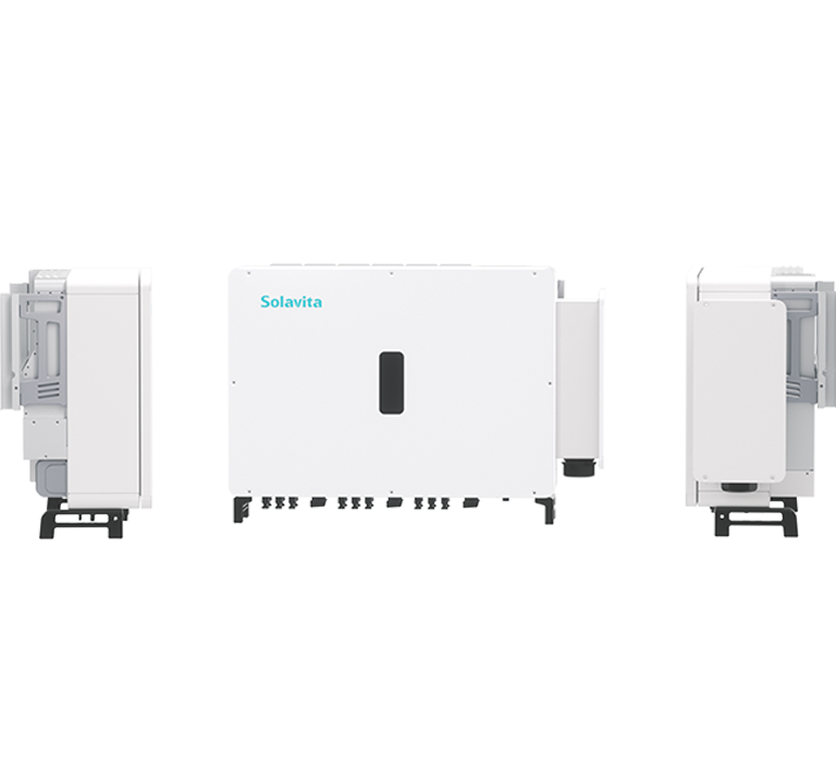 The Solavita three-phase PV inverters（125kw ） wall-mounted with the Solavita logo on the central unit. Each inverter features various connectors and a small black panel on the front, providing efficient energy management for modern energy solutions.