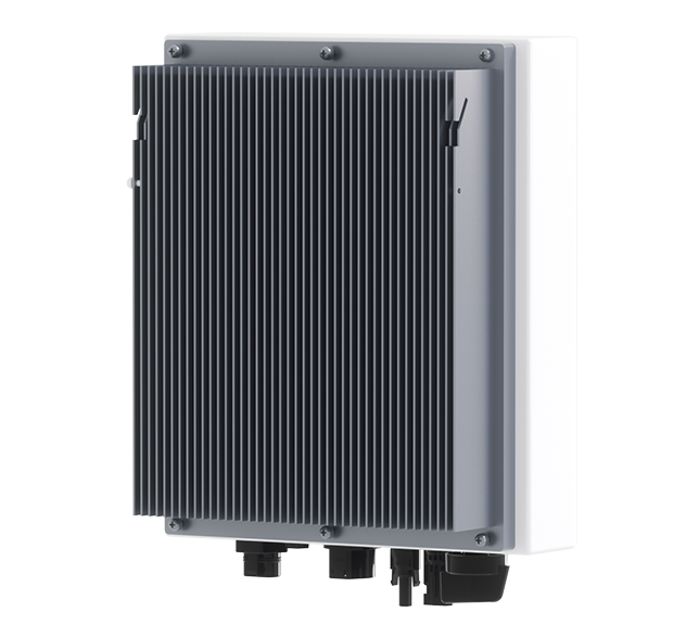 A close-up of a Solavita on-grid inverter (1-3kW) with a ribbed back surface and three cables connected at the bottom. The sleek design in white and gray tones highlights its robust functionality, providing a modern energy solution.a